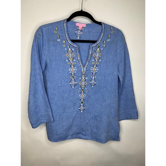 Lily Pulitzer Tunic Blue Linen Sz XS Embroidered - Picture 5 of 9